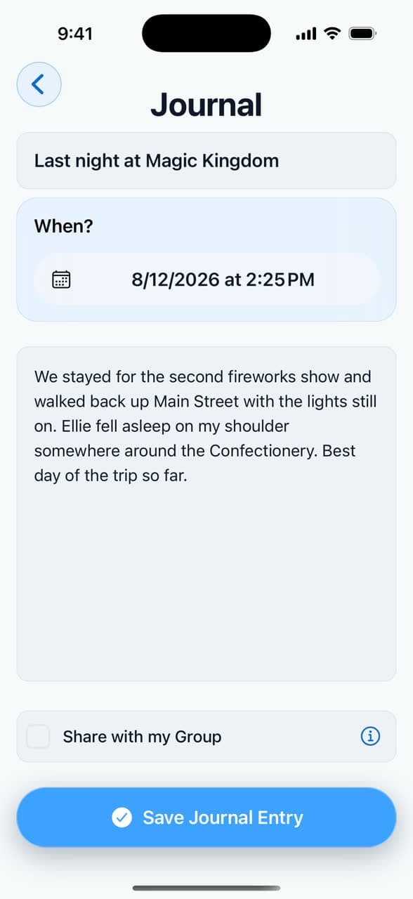 A journal entry titled 'Last night at Magic Kingdom', with its date and time and a written memory about staying for the second fireworks show.