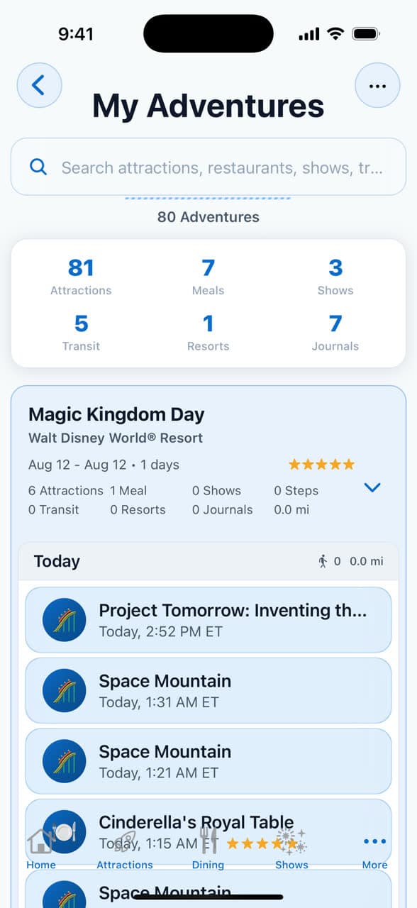 The My Adventures screen showing a totals strip — attractions, meals, shows, transit, resorts and journals — above a trip card with a star rating and that day's logged attractions with their times.